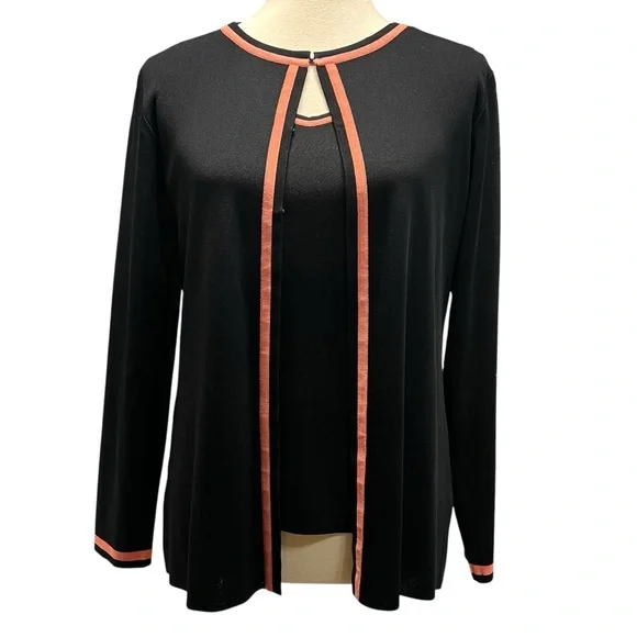 Misook 2 Piece Black Tank & Jacket Coral Trim Women’s Small/Medium - Picture 1 of 12
